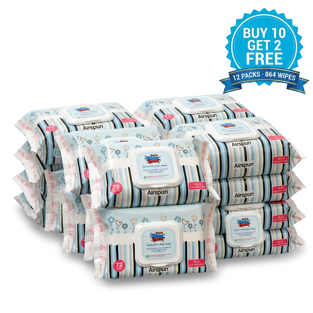 Hello Bum Bum Gentle & Pure Baby Wipes - 72 Wipes (Buy 10 Get 2 Free, 12 Packs / 864 Wipes)